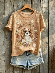 Women's Floral Cavalier King Charles Spaniel Print Short-sleeved T-shirt