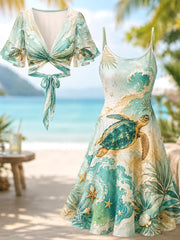Women's Sea Turtle Print Slip Dress Two Piece Set