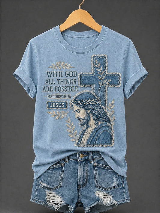 Women's Christian Jesus With God All Things Are Possible Print Casual Tee