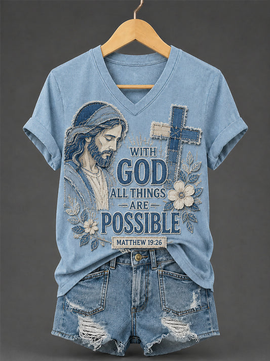 Women's With God All Things Are Possible Print Casual V-Neck Tee