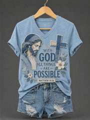 Women's With God All Things Are Possible Print Casual V-Neck Tee