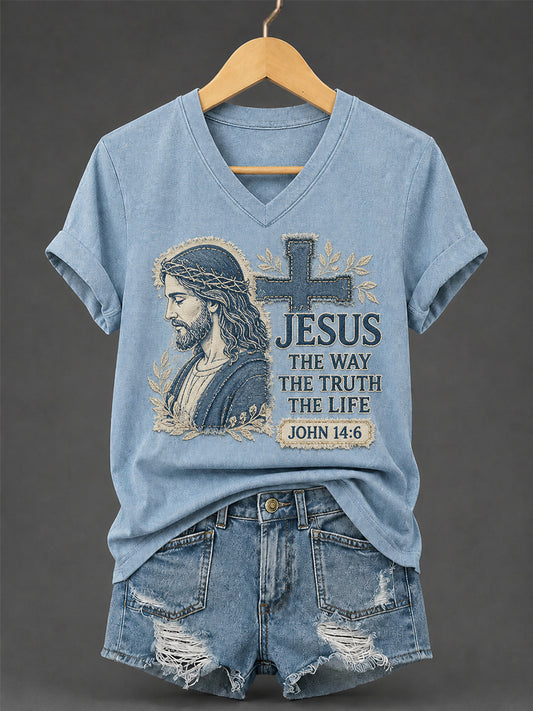 Women's Christian Jesus The Way The Truth The Life Print Casual V-Neck Tee