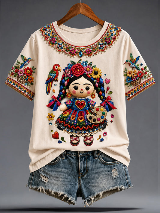 Women's Guelaguetza Mexico Lele Doll Art Printed T-shirt