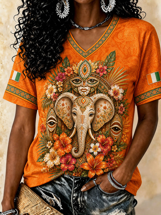 Women's Ivory Coast Pride Elephant Art Printed T-shirt