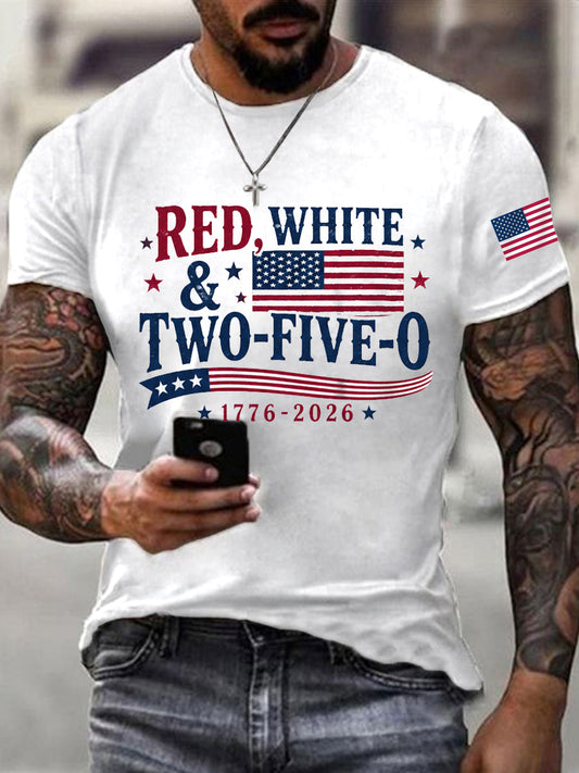 Men's Red White Two-Five-O USA Flag Print Casual Patriotic Tee