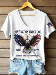 Women's Independence Day Christian One Nation Under God Cross Short Sleeve T-shirt