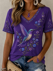 Women's Purple Floral & Hummingbird Print Alzheimer's Awareness Support V-Neck Tee