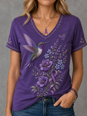 Women's Purple Floral & Hummingbird Print Alzheimer's Awareness Support V-Neck Tee