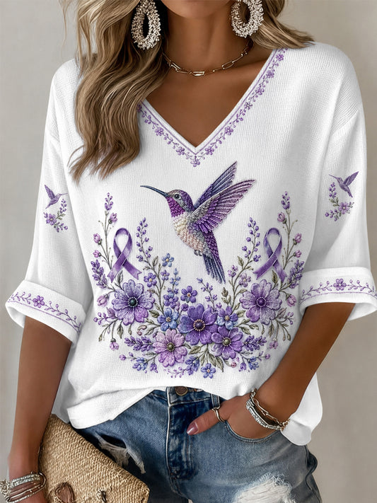 Women's Purple Floral & Hummingbird Print Alzheimer's Awareness Support Half-Sleeves V-Neck T-Shirt