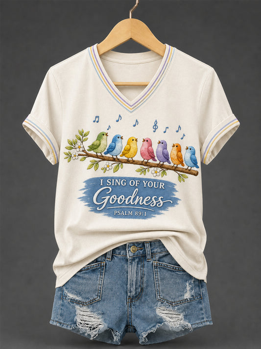 Women's I Will Sing Of The Goodness Of God Psalm 89:1 Christian Bird Print Casual V-Neck Tee