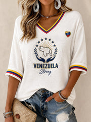 Women's Venezuela Strong Printed Mid-length Sleeves V-neck T-shirt
