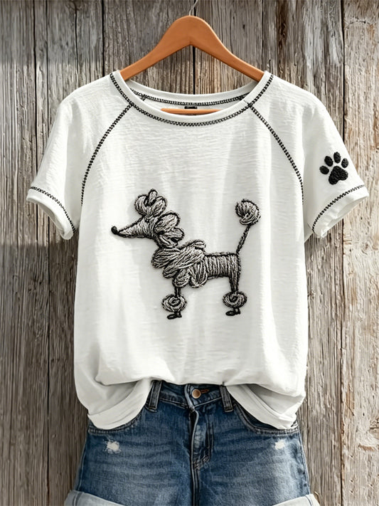 Women's Fuzzy Poodle Dog Abstract Art & Paw Print short-sleeved T-shirt