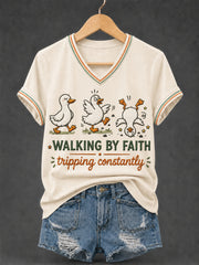 Women's Walking by Faith Tripping Constantly Goose Print Christian Inspirational V-Neck Tee