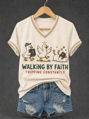 Women's Walking by Faith Tripping Constantly Goose Print Christian Inspirational V-Neck Tee