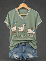 Women's Walking By Faith Tripping Constantly Goose Print Christian Inspirational V-Neck Tee