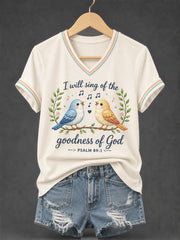 Women's I Will Sing Of The Goodness Of God Psalm 89:1 Christian Bird Print Casual V-Neck Tee