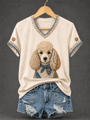 Women's Retro Patchwork Dog Print V-Neck Tee