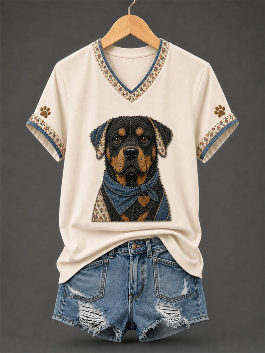 Women's Retro Patchwork Dog Print V-Neck Tee