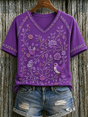 Women's Purple Floral & Hummingbird Print Alzheimer's Awareness Support V-Neck Tee