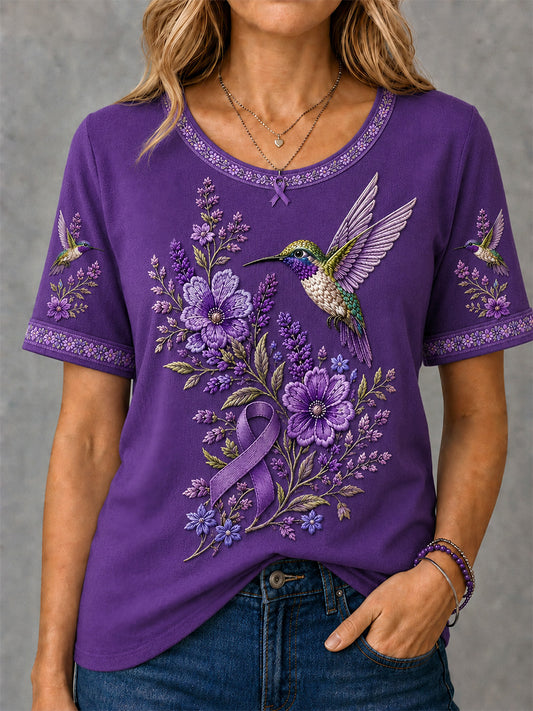 Women's Purple Floral & Hummingbird Print Alzheimer's Awareness Support Tee
