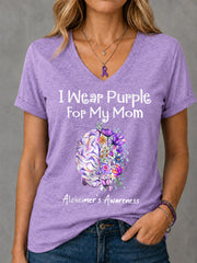 Women's I Wear Purple For My Mom Floral Print Alzheimer's Awareness Support V-Neck Tee
