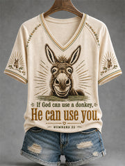 Women's Funny Donkey If God Can Use Donkey He Can Use You Print Casual V-Neck Tee
