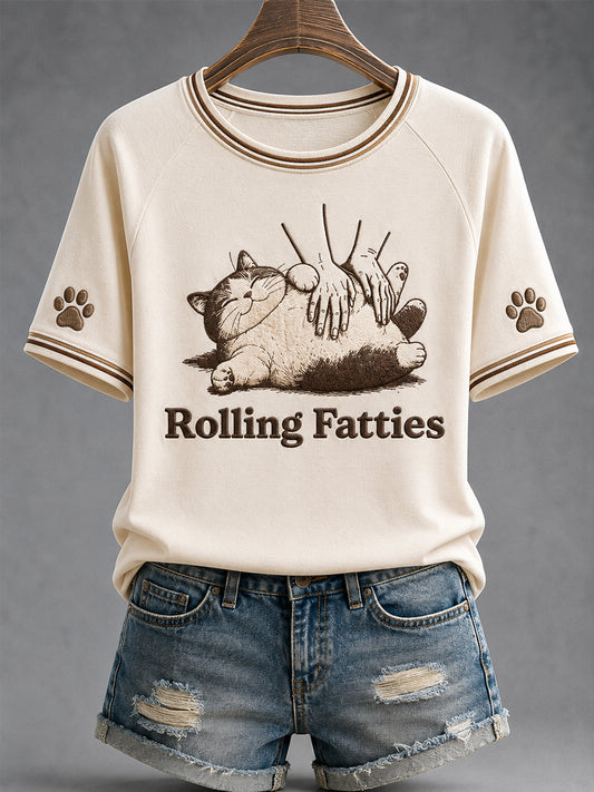 Women's Funny Cute Fat Cat Print Gift For Cat Lovers Casual Tee
