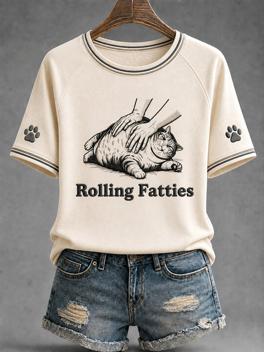 Women's Funny Cute Fat Cat Print Gift For Cat Lovers Casual Tee