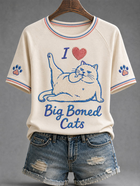 Women's Funny Cute Fat Cat Print Gift For Cat Lovers Casual Tee
