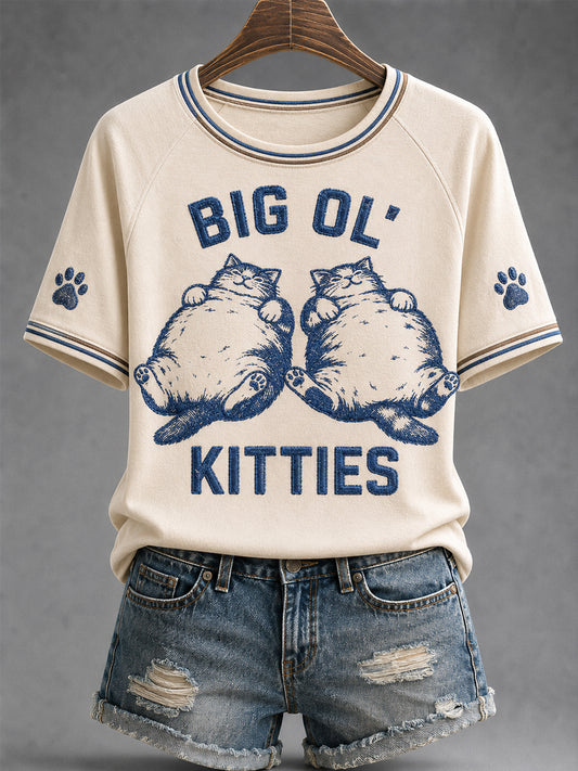 Women's Funny Cute Fat Cat Print Gift For Cat Lovers Casual Tee