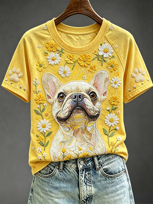 Women's Floral French Bulldog Art Print Round Neck Short Sleeve T-shirt