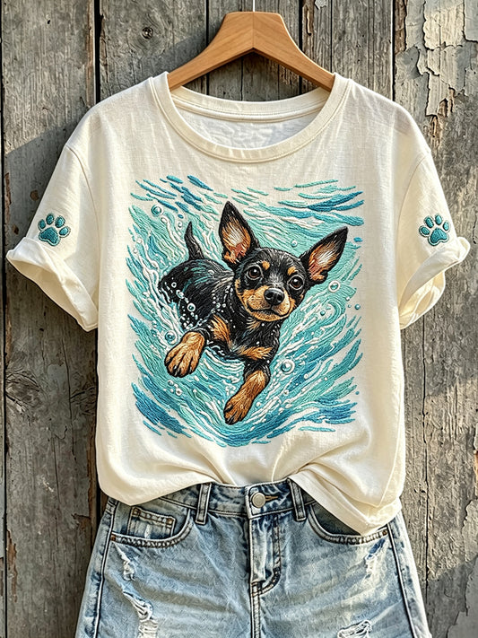 Women's Cute Swimming Chihuahua Dog Print Short-sleeved T-shirt