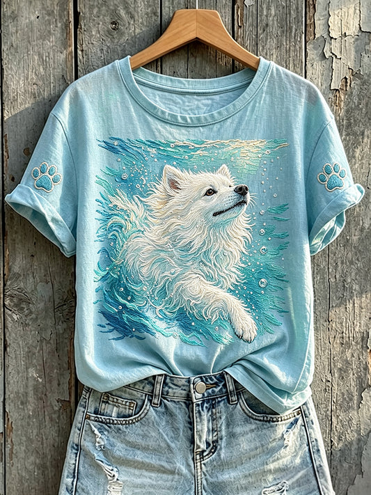 Women's Cute Swimming Samoyed Art Print Short-sleeved T-shirt