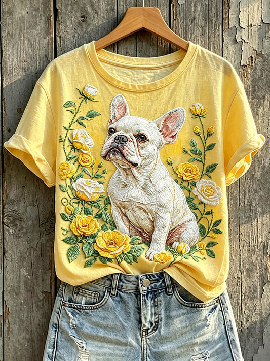 Women's Floral French Bulldog Art Print Short-sleeved T-shirt
