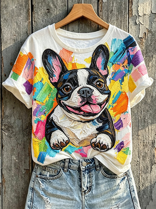 Women's Cute Colorful French Bulldog Art Print Short-sleeved T-shirt