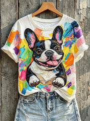 Women's Cute Colorful French Bulldog Art Print Short-sleeved T-shirt