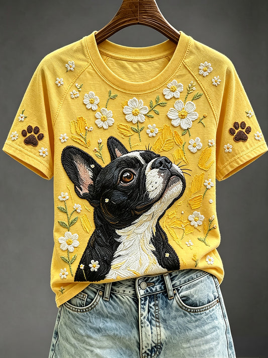 Women's Floral French Bulldog Art Print Round Neck Short Sleeve T-shirt