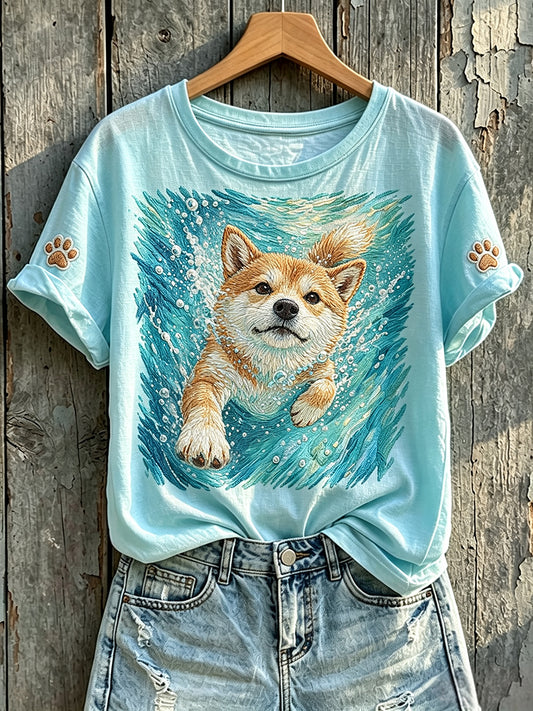 Women's Cute Swimming Shiba Inu Art Print Short-sleeved T-shirt