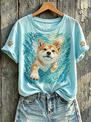 Women's Cute Swimming Shiba Inu Art Print Short-sleeved T-shirt