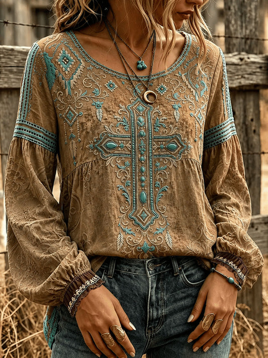 Women's Western Cross Cotton-Linen Shirt