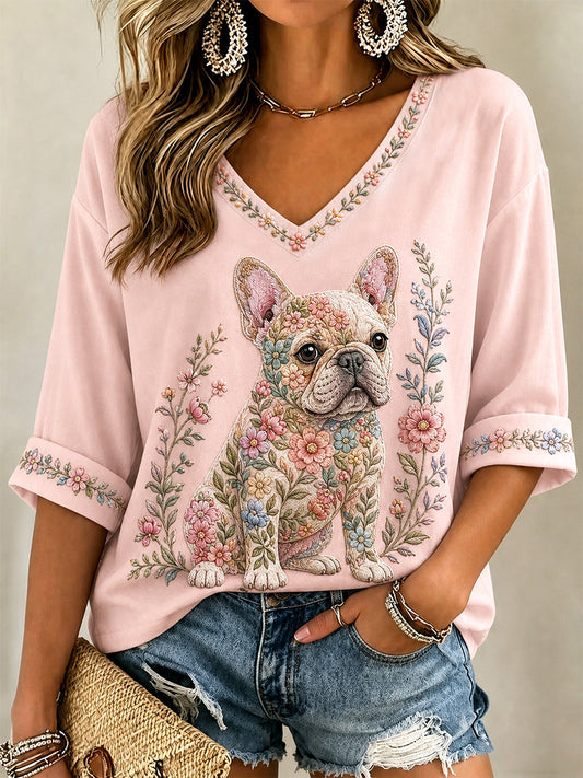 Women's Floral Dog Print Casual V-Neck Tee