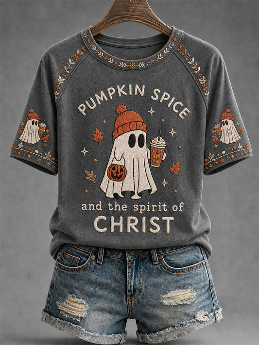 Women's Pumpkin Spice And The Spirit Of Christ Print Casual Tee