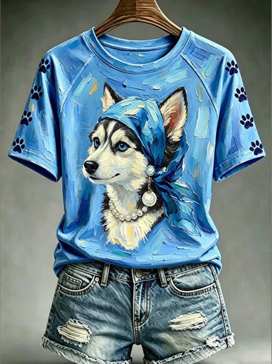 Women's Vintage Funny Dog Round Neck Short Sleeve T-shirt