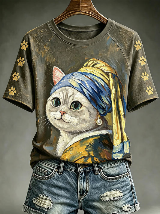 Women's Vintage Cute Cat Round Neck Short Sleeve T-shirt