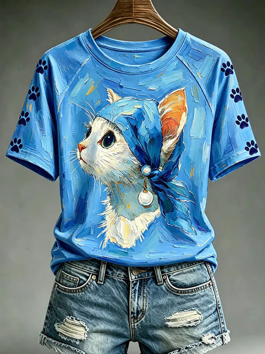 Women's Vintage Cute Cat Round Neck Short Sleeve T-shirt
