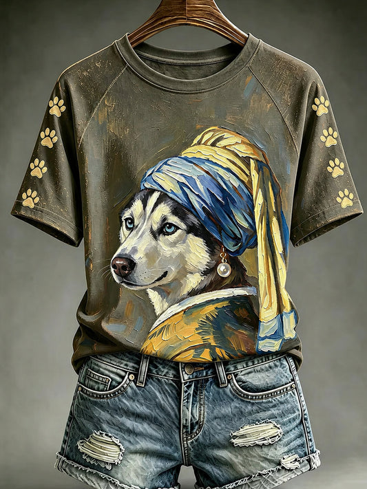 Women's Vintage Cute Dog Round Neck Short Sleeve T-shirt