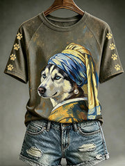 Women's Vintage Cute Dog Round Neck Short Sleeve T-shirt