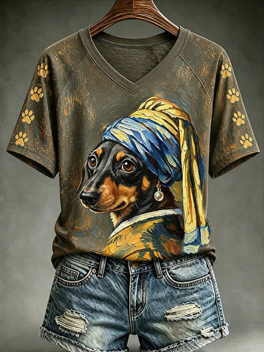 Women's Vintage Cute Dog V-neck Off-shoulder Short-sleeved T-shirt