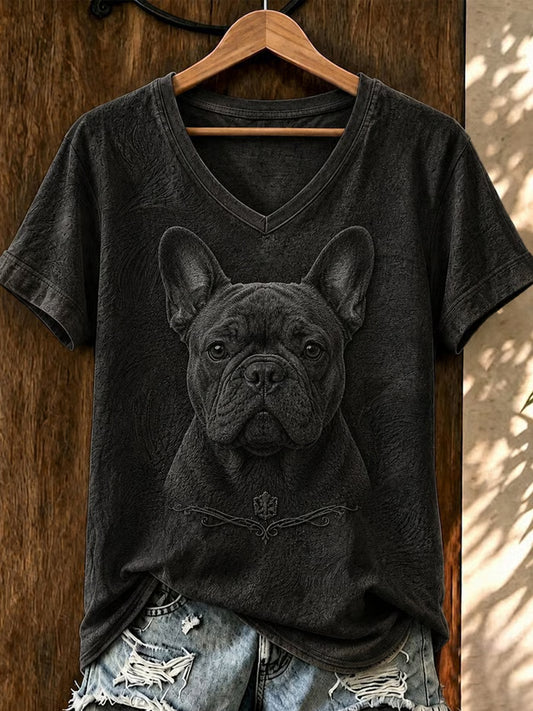 Women's Vintage Dog Art  V-Neck Short Sleeve T-shirt