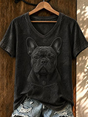 Women's Vintage Dog Art  V-Neck Short Sleeve T-shirt
